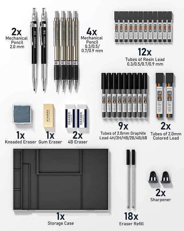 STAGEEK Mechanical Pencil Set with Case 37 Count, Drawing Pencils 0.3, 0.5, 0.7, 0.9MM & 2PCS 2MM Sketching Pencils with 492PCS Lead Refills (6B 4B 2B HB 2H 4H Color) for Artist Drafting Drawing - Image 7