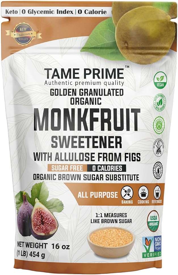 Tame prime USDA Organic Brown Monkfruit sweetener with Allulose from figs, 1 lb (454 g), 1:1 sweet like brown sugar, organic monk fruit without erythritol, 0 calories, 0 Glycemic index, Keto brown sugar, golden granulated, organic brown sugar substitute - Image 1