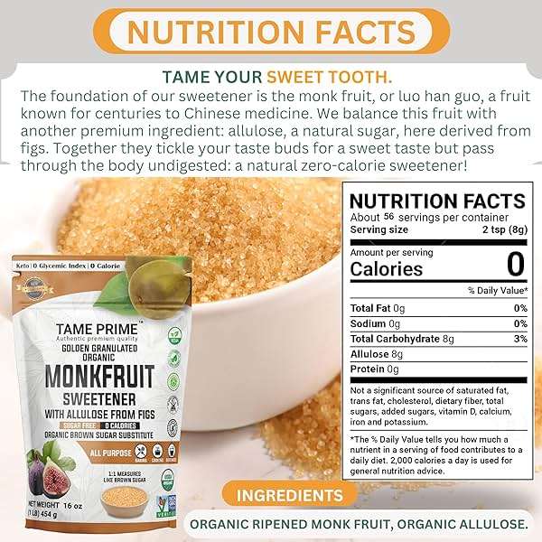 Tame prime USDA Organic Brown Monkfruit sweetener with Allulose from figs, 1 lb (454 g), 1:1 sweet like brown sugar, organic monk fruit without erythritol, 0 calories, 0 Glycemic index, Keto brown sugar, golden granulated, organic brown sugar substitute - Image 2