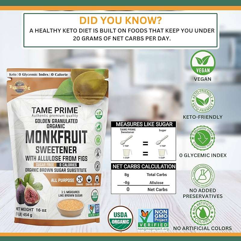 Tame prime USDA Organic Brown Monkfruit sweetener with Allulose from figs, 1 lb (454 g), 1:1 sweet like brown sugar, organic monk fruit without erythritol, 0 calories, 0 Glycemic index, Keto brown sugar, golden granulated, organic brown sugar substitute - Image 3