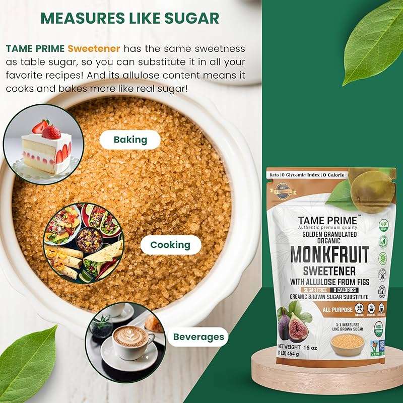Tame prime USDA Organic Brown Monkfruit sweetener with Allulose from figs, 1 lb (454 g), 1:1 sweet like brown sugar, organic monk fruit without erythritol, 0 calories, 0 Glycemic index, Keto brown sugar, golden granulated, organic brown sugar substitute - Image 4