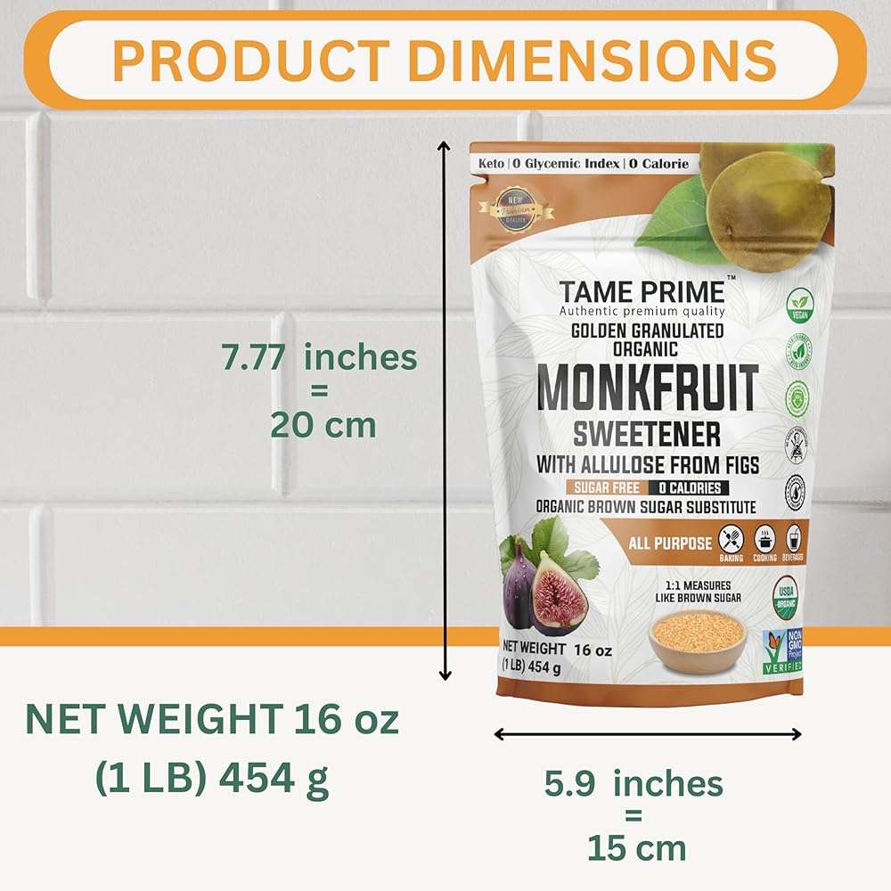 Tame prime USDA Organic Brown Monkfruit sweetener with Allulose from figs, 1 lb (454 g), 1:1 sweet like brown sugar, organic monk fruit without erythritol, 0 calories, 0 Glycemic index, Keto brown sugar, golden granulated, organic brown sugar substitute - Image 5