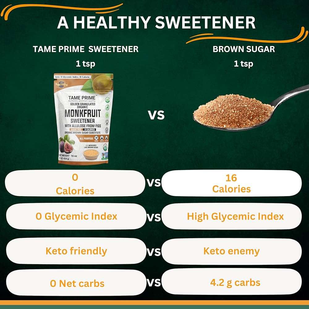 Tame prime USDA Organic Brown Monkfruit sweetener with Allulose from figs, 1 lb (454 g), 1:1 sweet like brown sugar, organic monk fruit without erythritol, 0 calories, 0 Glycemic index, Keto brown sugar, golden granulated, organic brown sugar substitute - Image 7