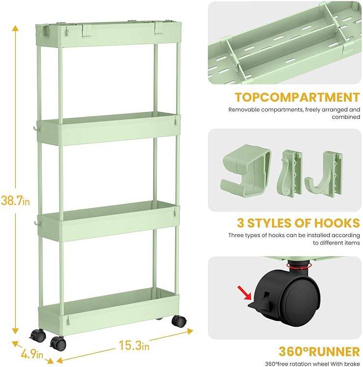 SPACELEAD Slim Storage Cart 4 Tier,Bathroom Organizer Rolling Utility,Mobile Shelving Unit Slide Out for Office, Kitchen, Laundry Room & Narrow Places，Green - Image 2