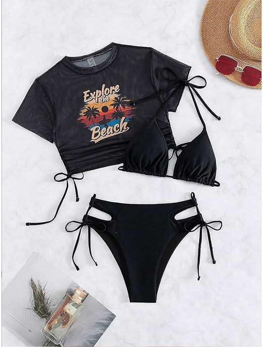 Sexybody Women's 3 Piece Swimsuit Halter String Bikini Tie Side Mesh Short Sleeve Bathing Suits - Image 5