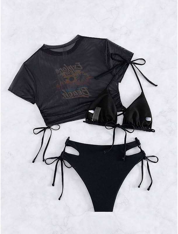 Sexybody Women's 3 Piece Swimsuit Halter String Bikini Tie Side Mesh Short Sleeve Bathing Suits - Image 6
