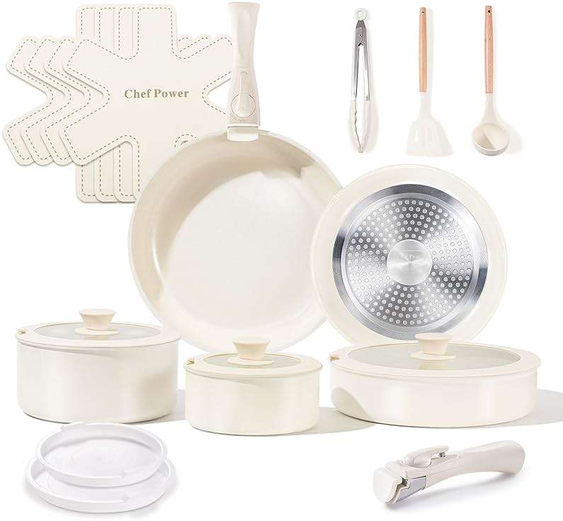 Chef Power Ceramic Cookware Set Non Toxic with Detachable Handles, Healthy Nonstick Pans and Pots Set 19 Pcs, Induction Dishwasher Oven Safe Kitchen Set, PFAS PFOA & PTFE Free, Cream White - Image 1
