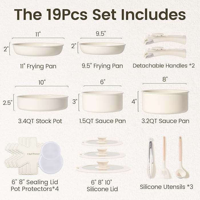 Chef Power Ceramic Cookware Set Non Toxic with Detachable Handles, Healthy Nonstick Pans and Pots Set 19 Pcs, Induction Dishwasher Oven Safe Kitchen Set, PFAS PFOA & PTFE Free, Cream White - Image 3