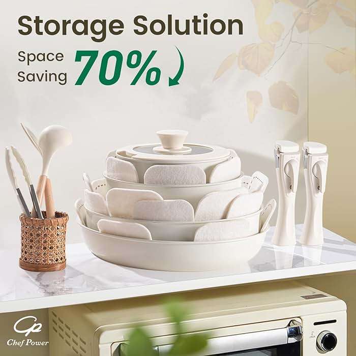 Chef Power Ceramic Cookware Set Non Toxic with Detachable Handles, Healthy Nonstick Pans and Pots Set 19 Pcs, Induction Dishwasher Oven Safe Kitchen Set, PFAS PFOA & PTFE Free, Cream White - Image 4