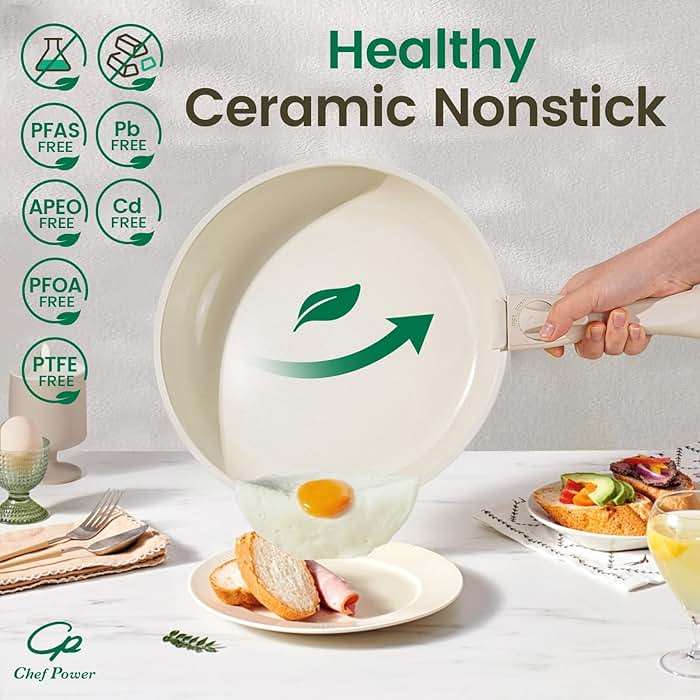 Chef Power Ceramic Cookware Set Non Toxic with Detachable Handles, Healthy Nonstick Pans and Pots Set 19 Pcs, Induction Dishwasher Oven Safe Kitchen Set, PFAS PFOA & PTFE Free, Cream White - Image 5