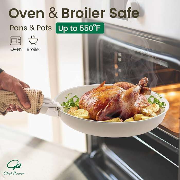 Chef Power Ceramic Cookware Set Non Toxic with Detachable Handles, Healthy Nonstick Pans and Pots Set 19 Pcs, Induction Dishwasher Oven Safe Kitchen Set, PFAS PFOA & PTFE Free, Cream White - Image 7