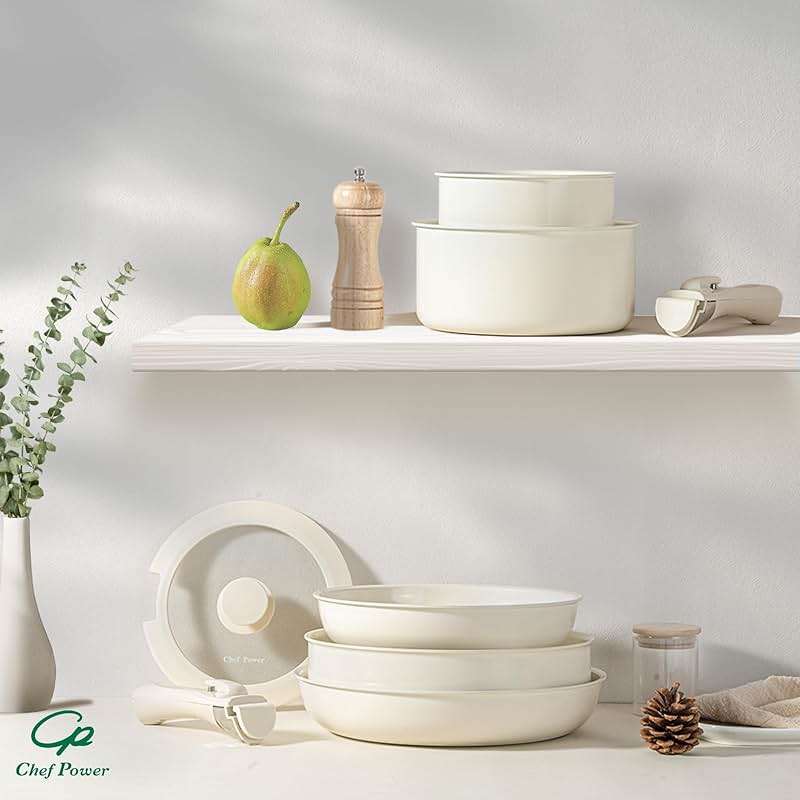 Chef Power Ceramic Cookware Set Non Toxic with Detachable Handles, Healthy Nonstick Pans and Pots Set 19 Pcs, Induction Dishwasher Oven Safe Kitchen Set, PFAS PFOA & PTFE Free, Cream White - Image 8