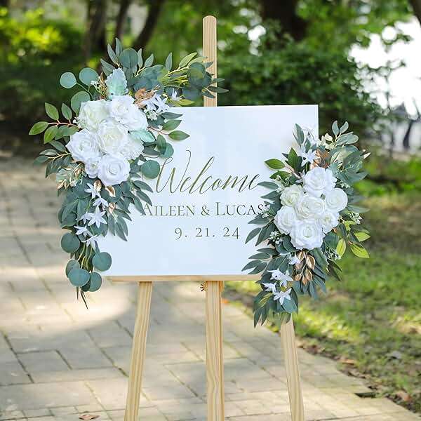 Udoula Artificial White Wedding Arch Flower Swags Set of 2 for Welcome Signs, Reception and Ceremony Decorations - Gold Floral Decor - Image 2