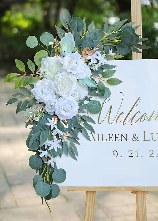 Udoula Artificial White Wedding Arch Flower Swags Set of 2 for Welcome Signs, Reception and Ceremony Decorations - Gold Floral Decor - Image 3