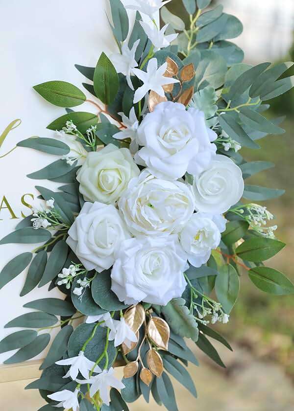Udoula Artificial White Wedding Arch Flower Swags Set of 2 for Welcome Signs, Reception and Ceremony Decorations - Gold Floral Decor - Image 4