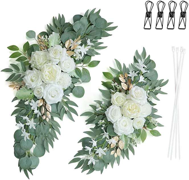 Udoula Artificial White Wedding Arch Flower Swags Set of 2 for Welcome Signs, Reception and Ceremony Decorations - Gold Floral Decor - Image 5