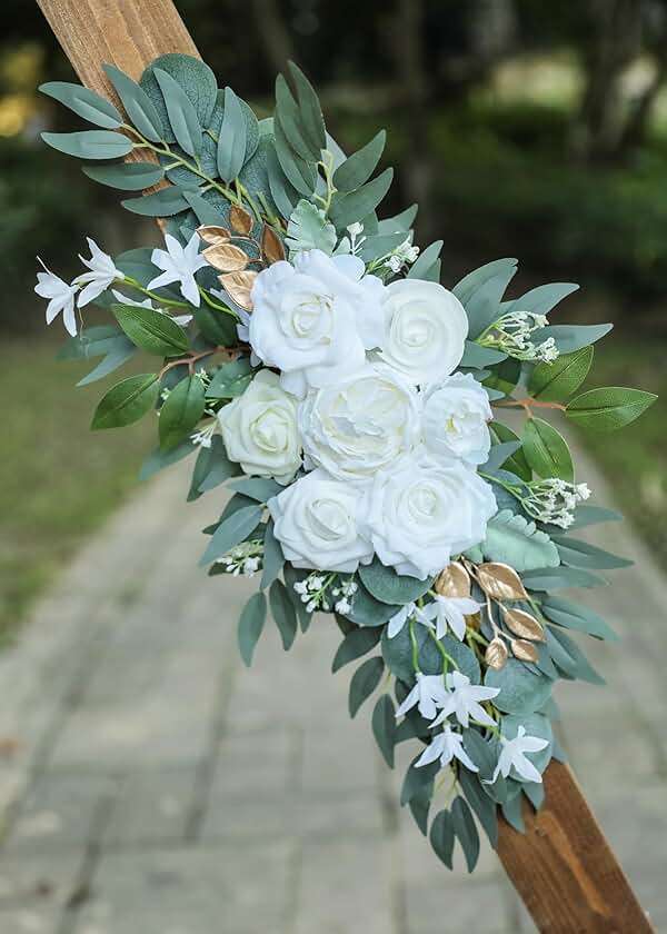 Udoula Artificial White Wedding Arch Flower Swags Set of 2 for Welcome Signs, Reception and Ceremony Decorations - Gold Floral Decor - Image 7