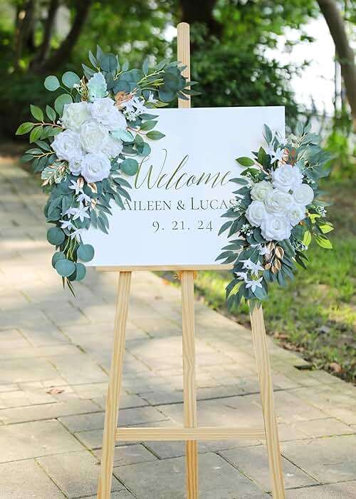 Udoula Artificial White Wedding Arch Flower Swags Set of 2 for Welcome Signs, Reception and Ceremony Decorations - Gold Floral Decor - Image 9