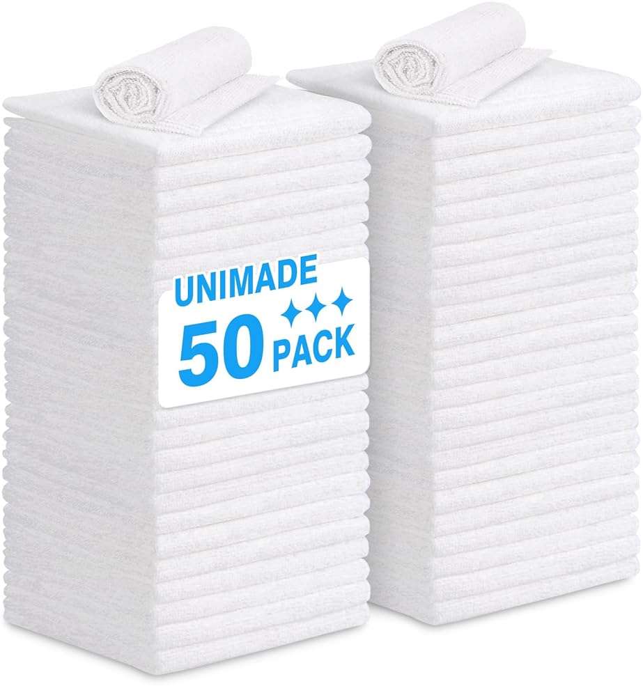 UNIMADE Shop Towel Rags, 50 Pack Reusable Shop Rags Bulk Microfiber Cleaning Cloth Lint Free Cleaning Towels for Car Kitchen Automotive Bar Mechanic Restaurant Garage, 11.5"x 11.5", White - Image 1