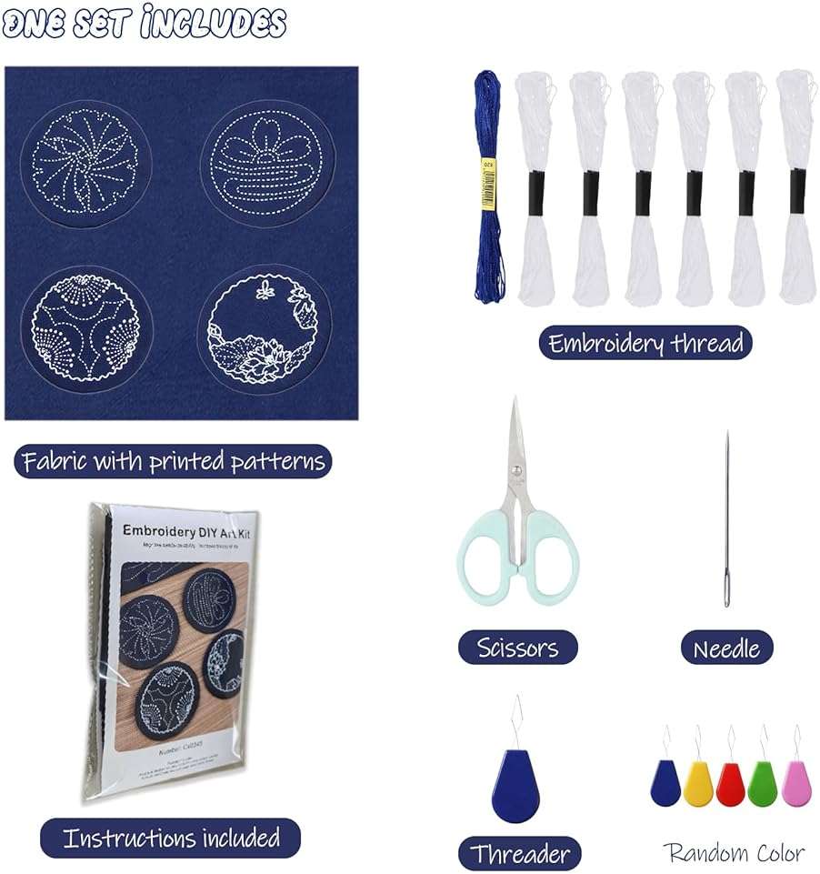 4 Set Sashiko Coasters DIY Kit with Pattern, Embroidery Starter Kit with Instructions for Beginners, Sashiko Kit, Round Sashiko Embroidery Coasters for Tea Table Home Decoration Housewarming Gift - Image 2
