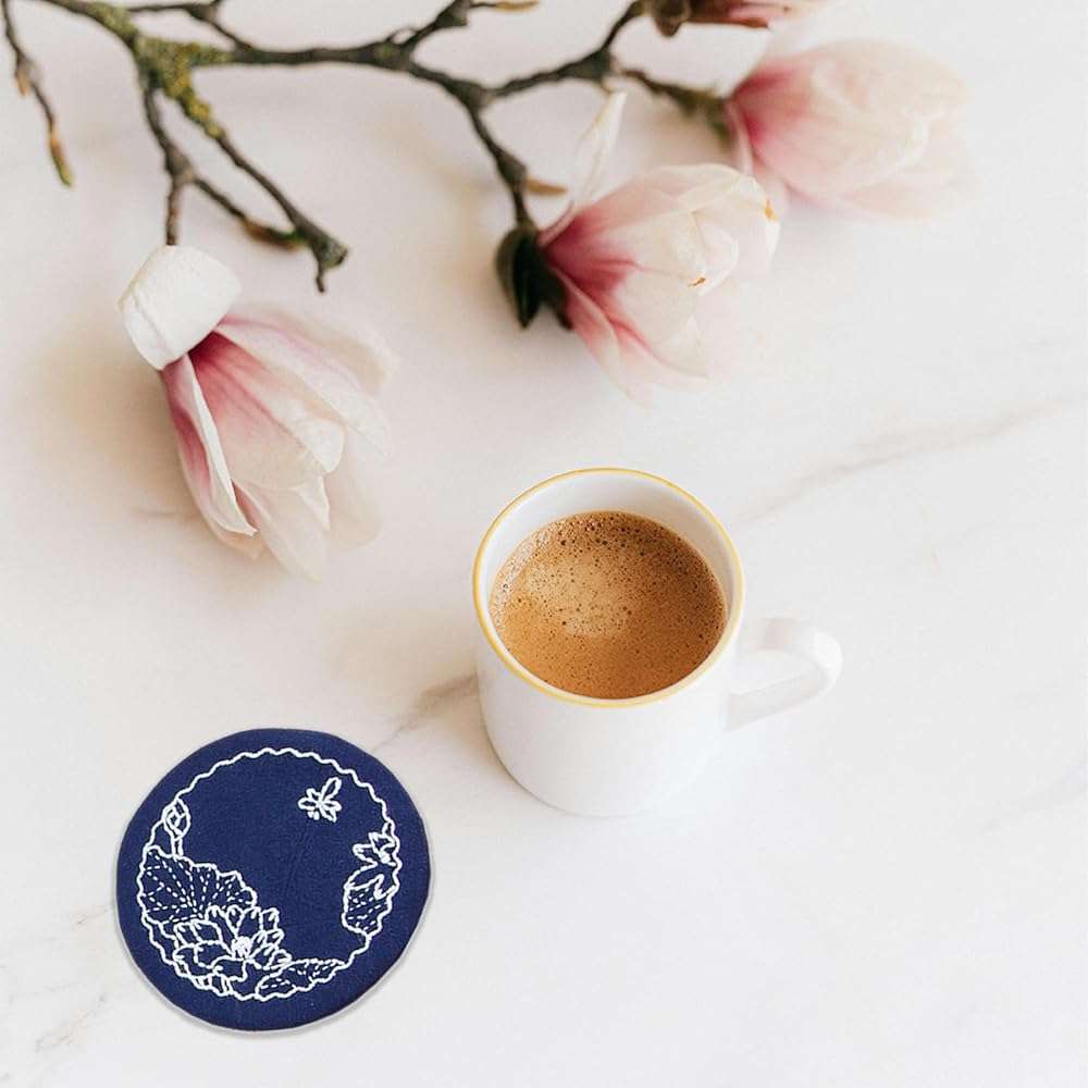 4 Set Sashiko Coasters DIY Kit with Pattern, Embroidery Starter Kit with Instructions for Beginners, Sashiko Kit, Round Sashiko Embroidery Coasters for Tea Table Home Decoration Housewarming Gift - Image 3