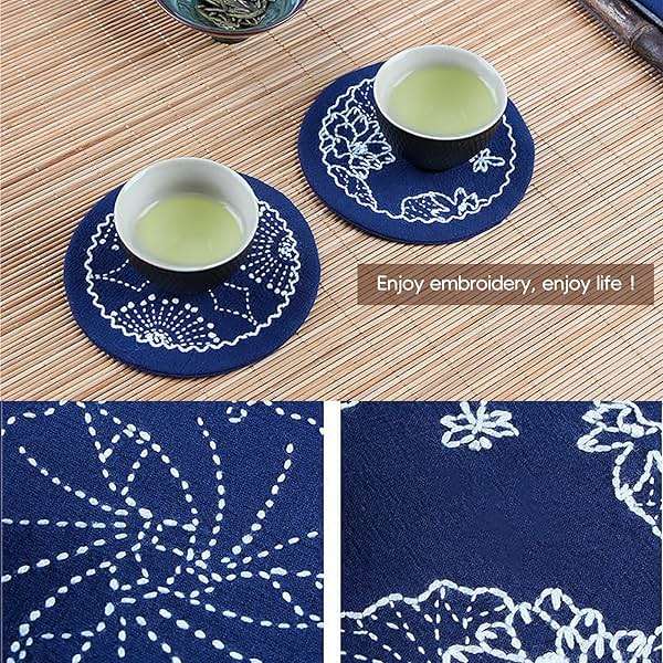 4 Set Sashiko Coasters DIY Kit with Pattern, Embroidery Starter Kit with Instructions for Beginners, Sashiko Kit, Round Sashiko Embroidery Coasters for Tea Table Home Decoration Housewarming Gift - Image 6