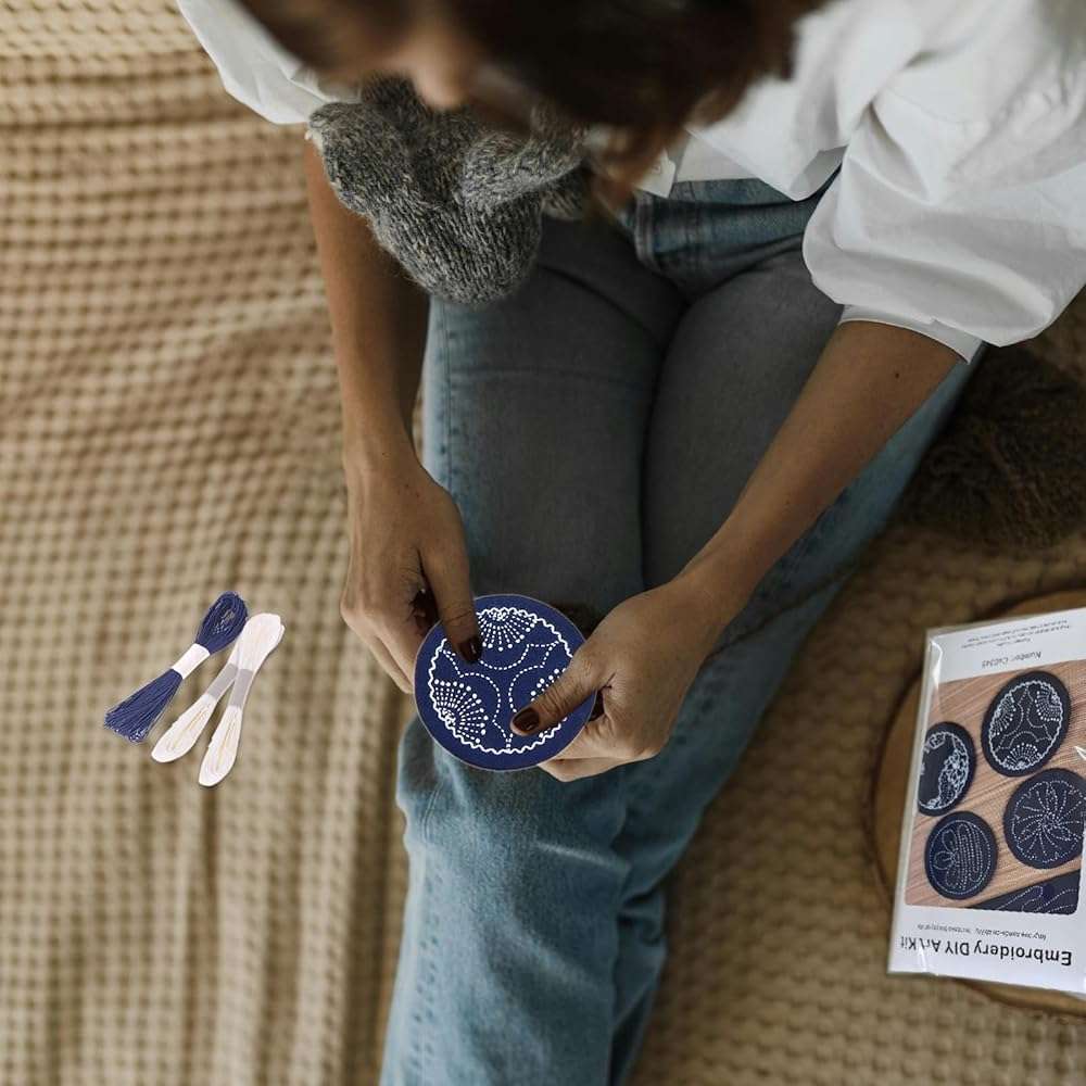 4 Set Sashiko Coasters DIY Kit with Pattern, Embroidery Starter Kit with Instructions for Beginners, Sashiko Kit, Round Sashiko Embroidery Coasters for Tea Table Home Decoration Housewarming Gift - Image 7