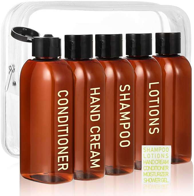 5 Pack Travel Bottles for Toiletries, 3.4oz TSA Approved Travel Size Containers, Leak Proof Refillable Travel Accessories for Shampoo Conditioner, Plastic Travel Bottles with Toiletry Bag and Label. - Image 1
