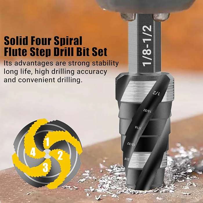 KAKILFOB Four Spiral Flute Step Drill Bit Set, 5 Pieces 1/8"-1-3/8" HSS Unibit Step Drill Bit, 1/4" and 3/8" Shank Step Bits for Metal, Aluminum, Wood, Plastic - Image 4