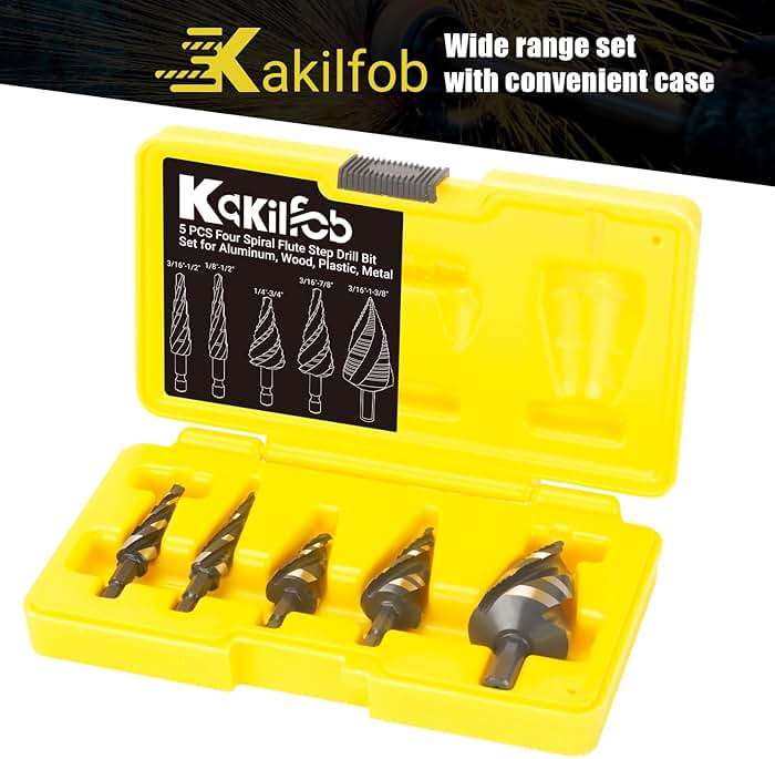 KAKILFOB Four Spiral Flute Step Drill Bit Set, 5 Pieces 1/8"-1-3/8" HSS Unibit Step Drill Bit, 1/4" and 3/8" Shank Step Bits for Metal, Aluminum, Wood, Plastic - Image 7
