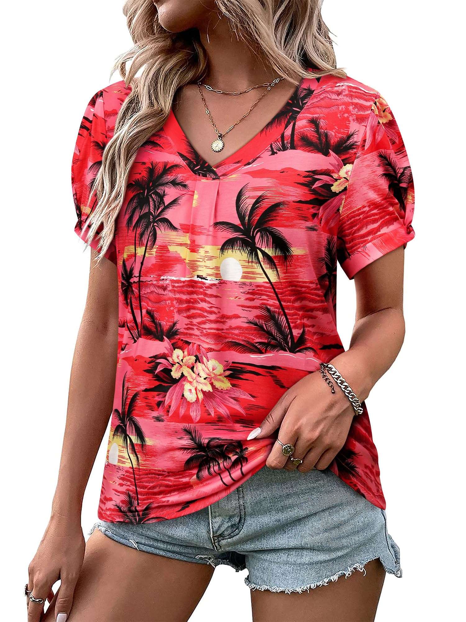 Womens Puff Short Sleeve Hawaiian Shirts Floral Tropic Printed Pleated V Neck Summer Casual T-Shirt Trendy Boho Blouses Tops - Image 1