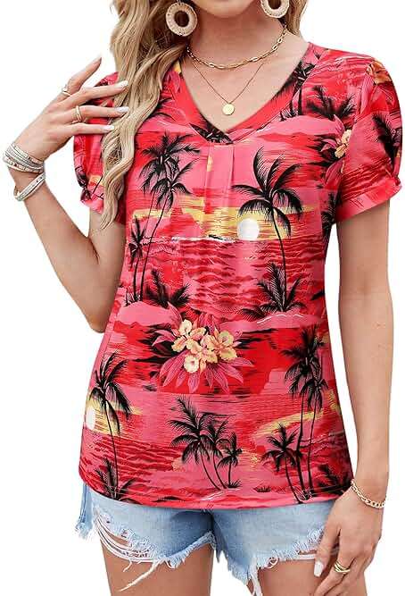 Womens Puff Short Sleeve Hawaiian Shirts Floral Tropic Printed Pleated V Neck Summer Casual T-Shirt Trendy Boho Blouses Tops - Image 2