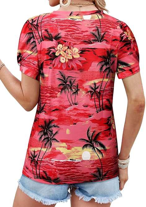 Womens Puff Short Sleeve Hawaiian Shirts Floral Tropic Printed Pleated V Neck Summer Casual T-Shirt Trendy Boho Blouses Tops - Image 4