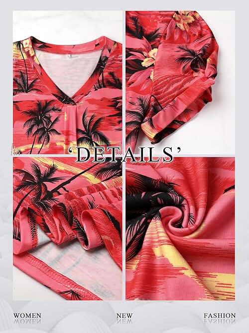 Womens Puff Short Sleeve Hawaiian Shirts Floral Tropic Printed Pleated V Neck Summer Casual T-Shirt Trendy Boho Blouses Tops - Image 5