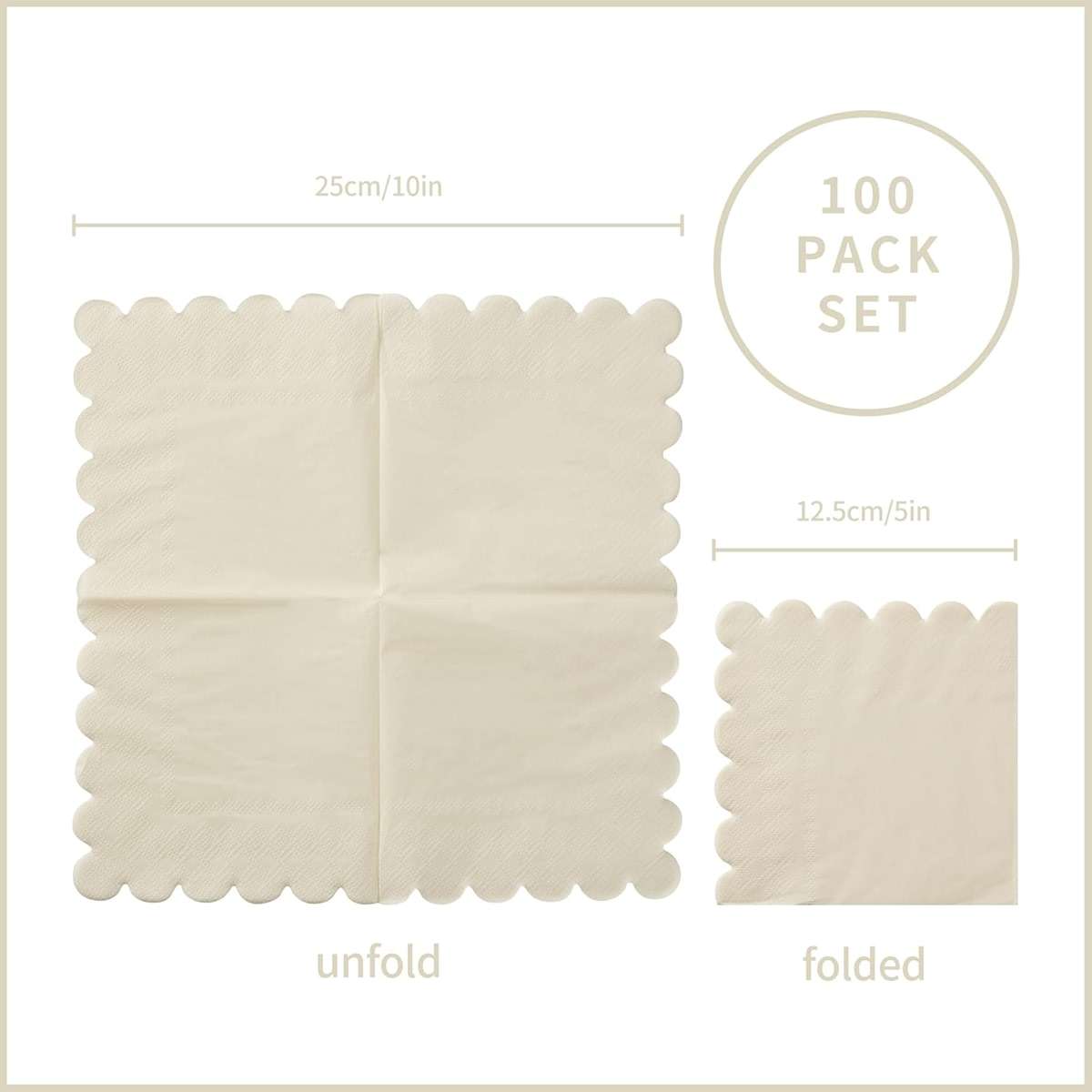 100 Pack Cocktail Napkin 2-Ply Scalloped Edged Dessert Napkins Folded 5 x 5 Inches Disposable Napkins for Dinner Wedding Birthday Party Bridal Anniversary Reception Event (Milky-White) - Image 2
