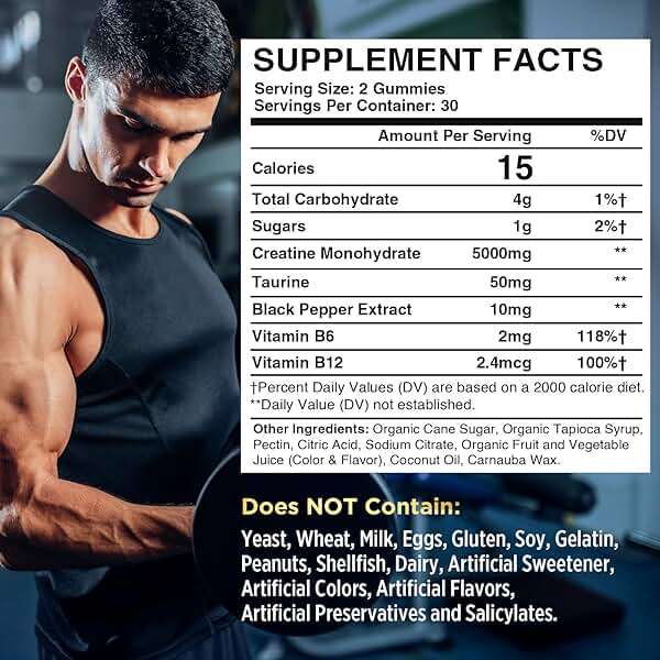 Creatine Monohydrate Gummies, Creatine for Women & Men, Pre Workout Creatine Monohydrate Gummies with Taurine, Vitamin B6 & B12 for Muscle, Strength, Energy, Endurance, Vegan, Organic, 60 Count - Image 2