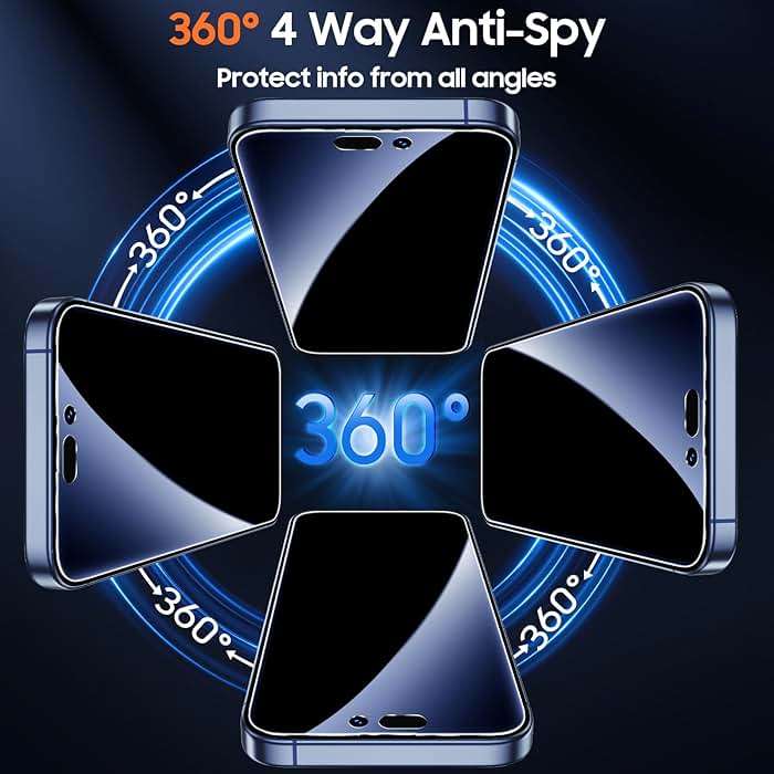 UniqueMe 2 Packs for iPhone 15 Pro Privacy Screen Protector - 360°Anti-Spy 4way Tempered Glass Screen Protector 15 Pro Zero Bubble Case Friendly [Automatic Dust Removal] - Image 4