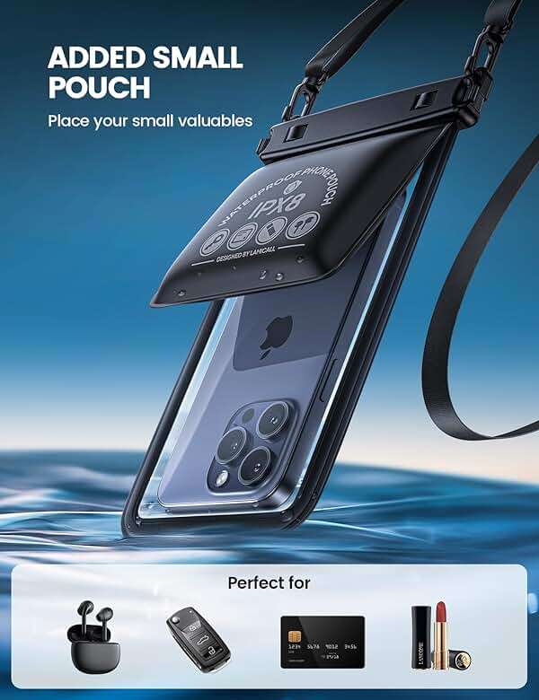 Lamicall Double Pocket Waterproof Phone Pouch - IPX8 Dry Bag - Privacy Storage for Card & Key - Cruise Ship, Beach Essentials for iPhone 17 16 15 14 13 Pro Max, Galaxy S25, for Bulky Cases up to 7.5" - Image 2