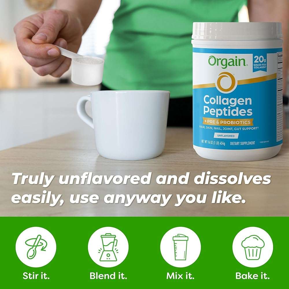 Orgain Hydrolyzed Collagen Peptides + Prebiotic & Probiotics Powder for Women & Men, 20g Grass Fed Collagen, 1 Billion CFU - Supports Digestive, Hair, Skin & Joint Health, Non-GMO, Type I & III, 1lb - Image 8