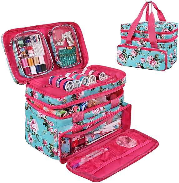 SINGER Sewing Accessories Organizer (Bag Only) – Double Layer Portable Sewing Storage Bag | 2 Detachable Pouches and 18 Compartments, Large Sewing Supplies & Crafting Carry-All (Turquoise Floral) - Image 1