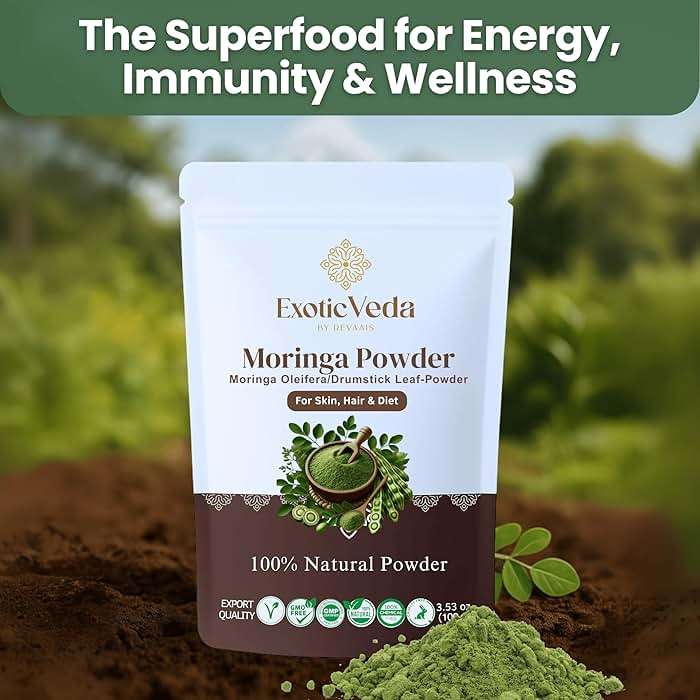 Exotic Veda Moringa Powder 100g (3.52oz) | 100% Pure & Natural Superfood | Nutrient-Rich, Antioxidant-Packed | Vegan & Gluten-Free | for Smoothies, Teas, Soups & Daily Wellness - Image 2
