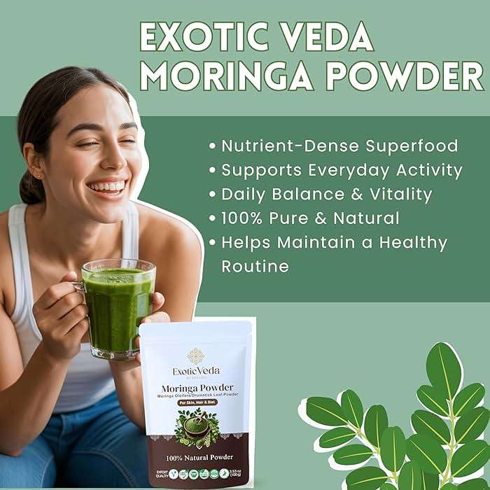 Exotic Veda Moringa Powder 100g (3.52oz) | 100% Pure & Natural Superfood | Nutrient-Rich, Antioxidant-Packed | Vegan & Gluten-Free | for Smoothies, Teas, Soups & Daily Wellness - Image 3