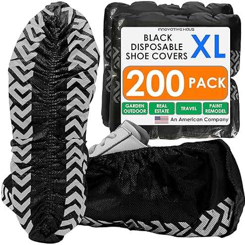 Innovative Haus 200 Pack (100 Pairs) Black Extra Large Disposable Boot and Shoe Covers Disposable - Indoors Reusable Booties for Shoes Covers - Non Slip Treads - Fits US Men's 14 and Women's 16 - Image 1