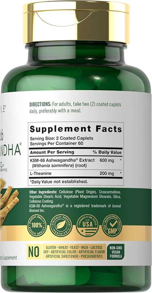 Carlyle KSM-66 Ashwagandha Root Extract 600mg | 120 Vegan Caplets | Supplement with L-Theanine | Non-GMO, Gluten Free - Image 2