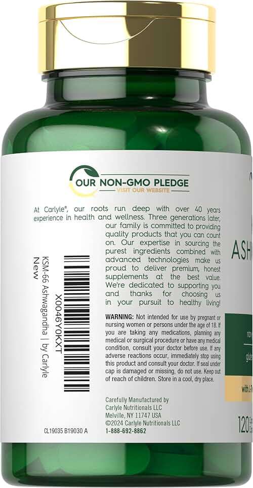 Carlyle KSM-66 Ashwagandha Root Extract 600mg | 120 Vegan Caplets | Supplement with L-Theanine | Non-GMO, Gluten Free - Image 3