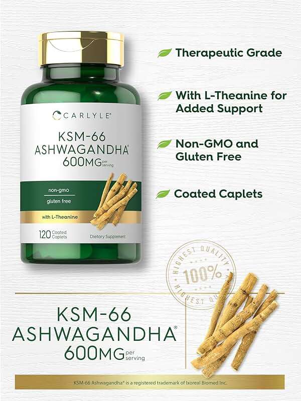 Carlyle KSM-66 Ashwagandha Root Extract 600mg | 120 Vegan Caplets | Supplement with L-Theanine | Non-GMO, Gluten Free - Image 4