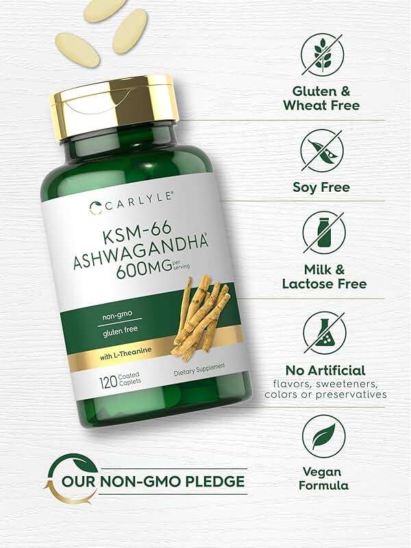 Carlyle KSM-66 Ashwagandha Root Extract 600mg | 120 Vegan Caplets | Supplement with L-Theanine | Non-GMO, Gluten Free - Image 5