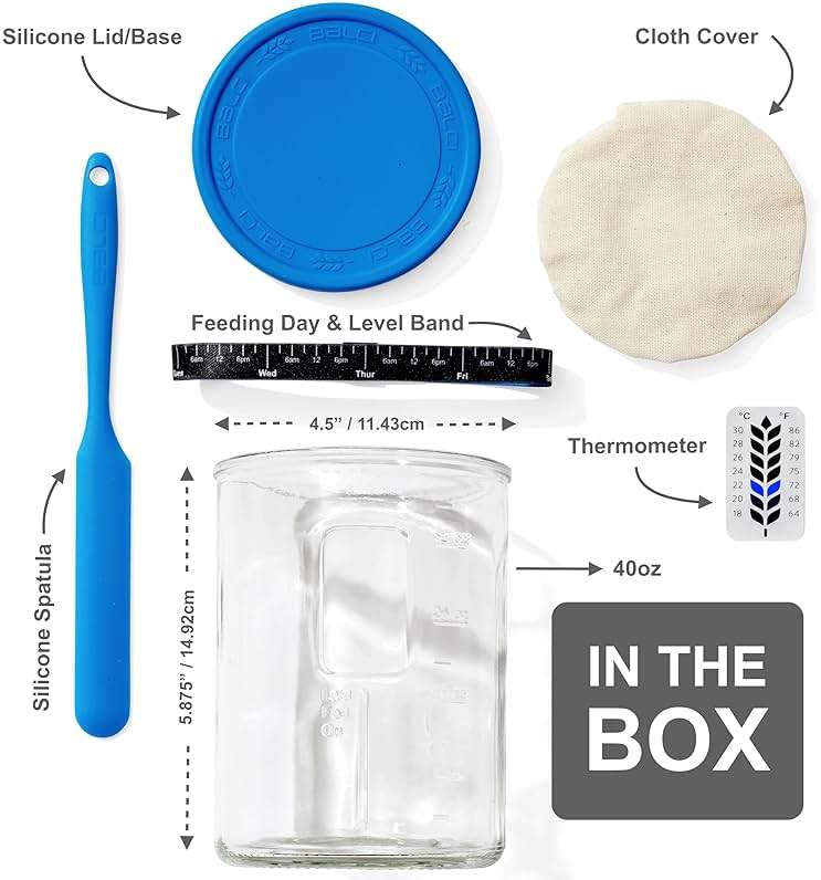 Premium Sourdough Starter Jar - 40oz Large Sourdough Jar with Marked Feeding Band, Scraper, Cloth Cover and Silicone Lid/Base, Wide Mouth Starter Kit - Blue - Image 2