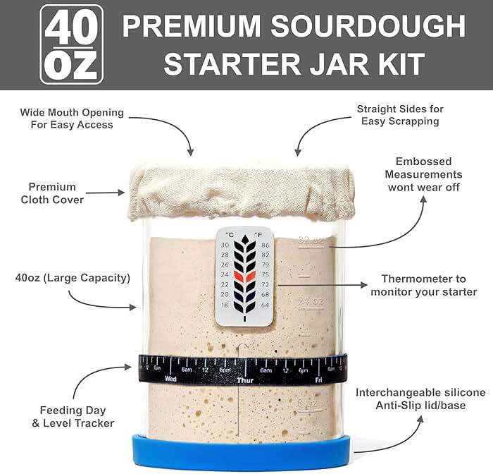 Premium Sourdough Starter Jar - 40oz Large Sourdough Jar with Marked Feeding Band, Scraper, Cloth Cover and Silicone Lid/Base, Wide Mouth Starter Kit - Blue - Image 4