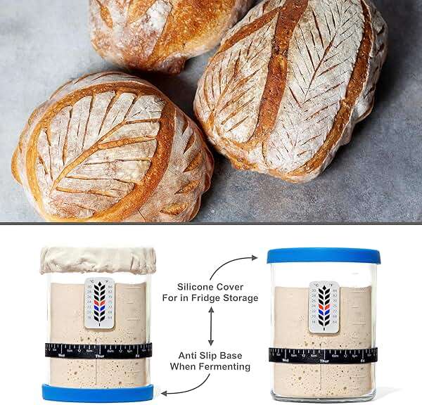 Premium Sourdough Starter Jar - 40oz Large Sourdough Jar with Marked Feeding Band, Scraper, Cloth Cover and Silicone Lid/Base, Wide Mouth Starter Kit - Blue - Image 6